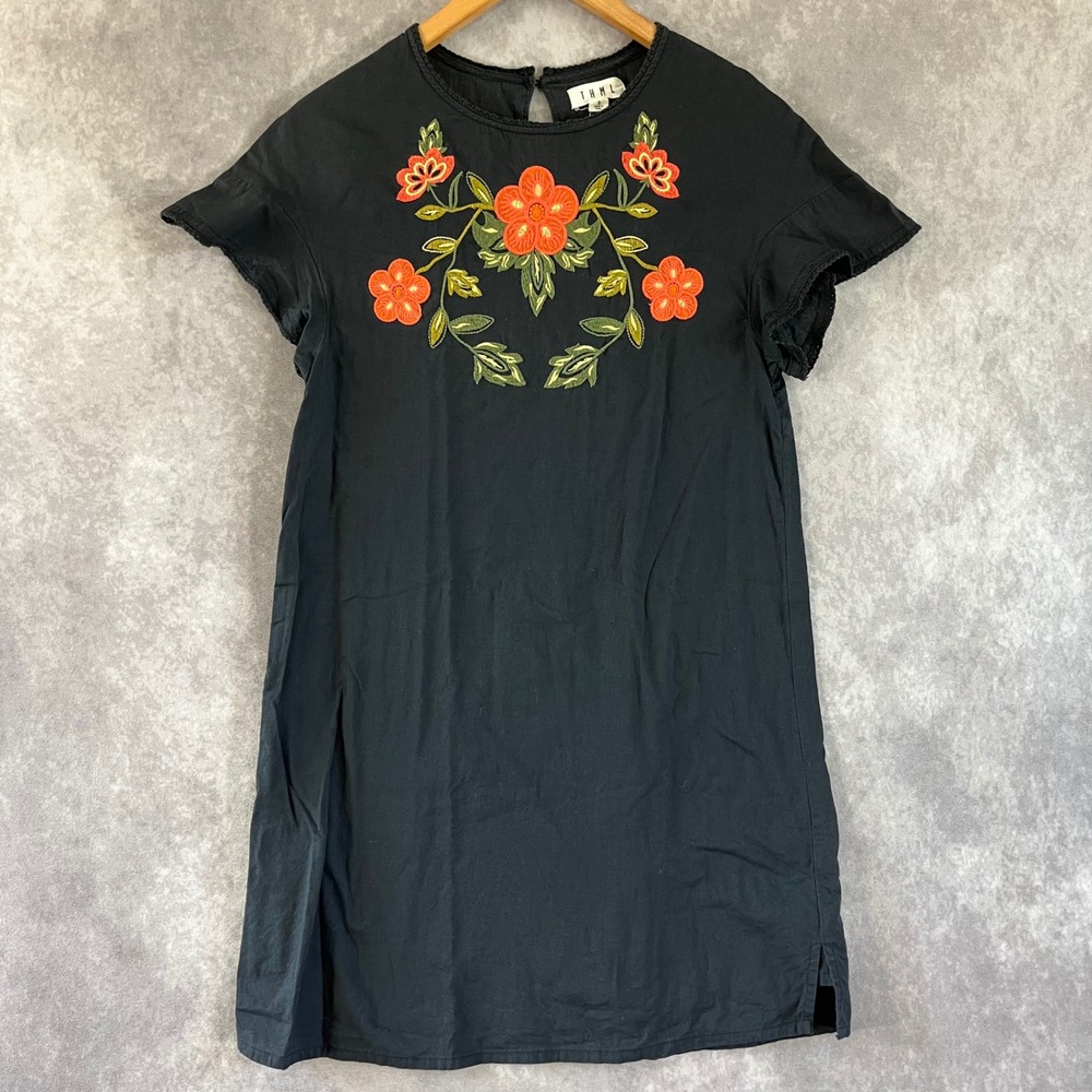 THML Embroidered Shift Dress Womens Small Black Floral Cotton Flutter Sleeve